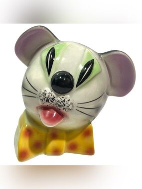 Vintage 1970s Italian Pottery Art Mouse Head With Bow Ceramic Coin "Piggy" Bank